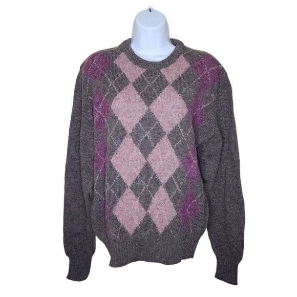 Vintage Argyle Crewneck Sweater Womens Size 2XL Gray Wool Purple Preppy School - Picture 1 of 5